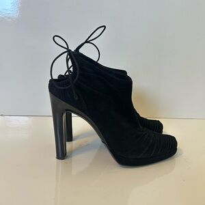 Gucci black suede pleated ankle wrap high heel